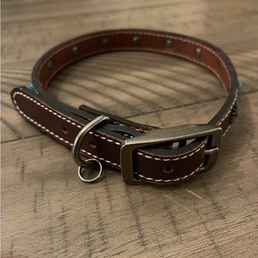 Turquoise Studded Brown Southwestern Leather Dog Collar 21” - Picture 2 of 5
